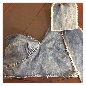 Denim One Shoulder Crop Top with Raw Edges